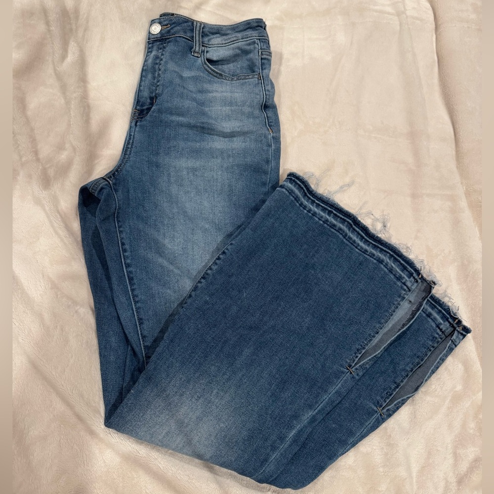 SO Medium Blue High Rise Flare Jean with Frayed Hem